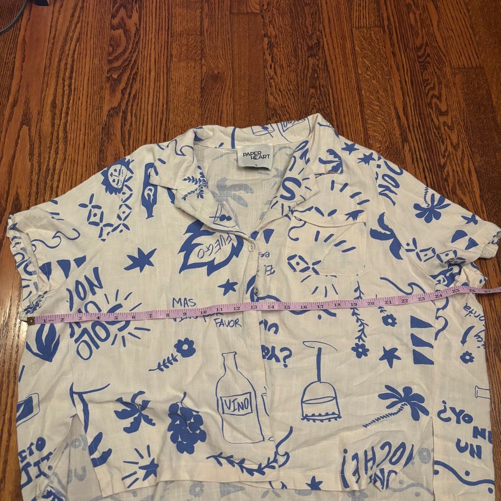 Womens Linen Blend Blue White Doodle Vino Summer Print Button Down Shirt Large - Picture 6 of 6